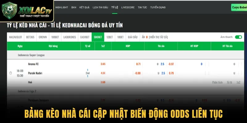 Bảng kèo nhà cái cập nhật biến động Odds liên tục