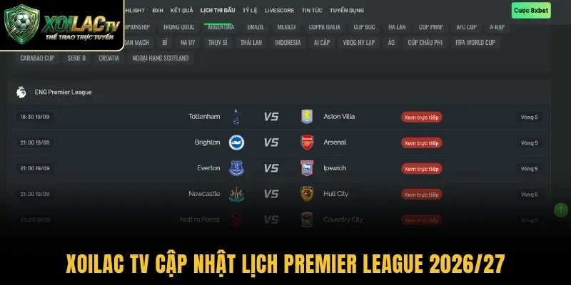 Xoilac TV cập nhật lịch Premier League 2026/27